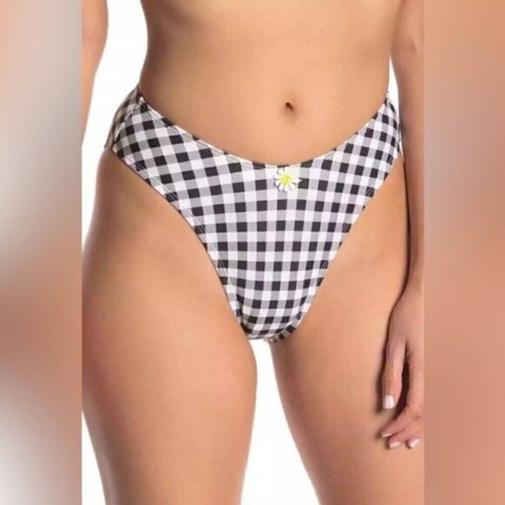Nwt Betsey Johnson High Cut Bikini Bottoms Size Large Black White Gingham Print